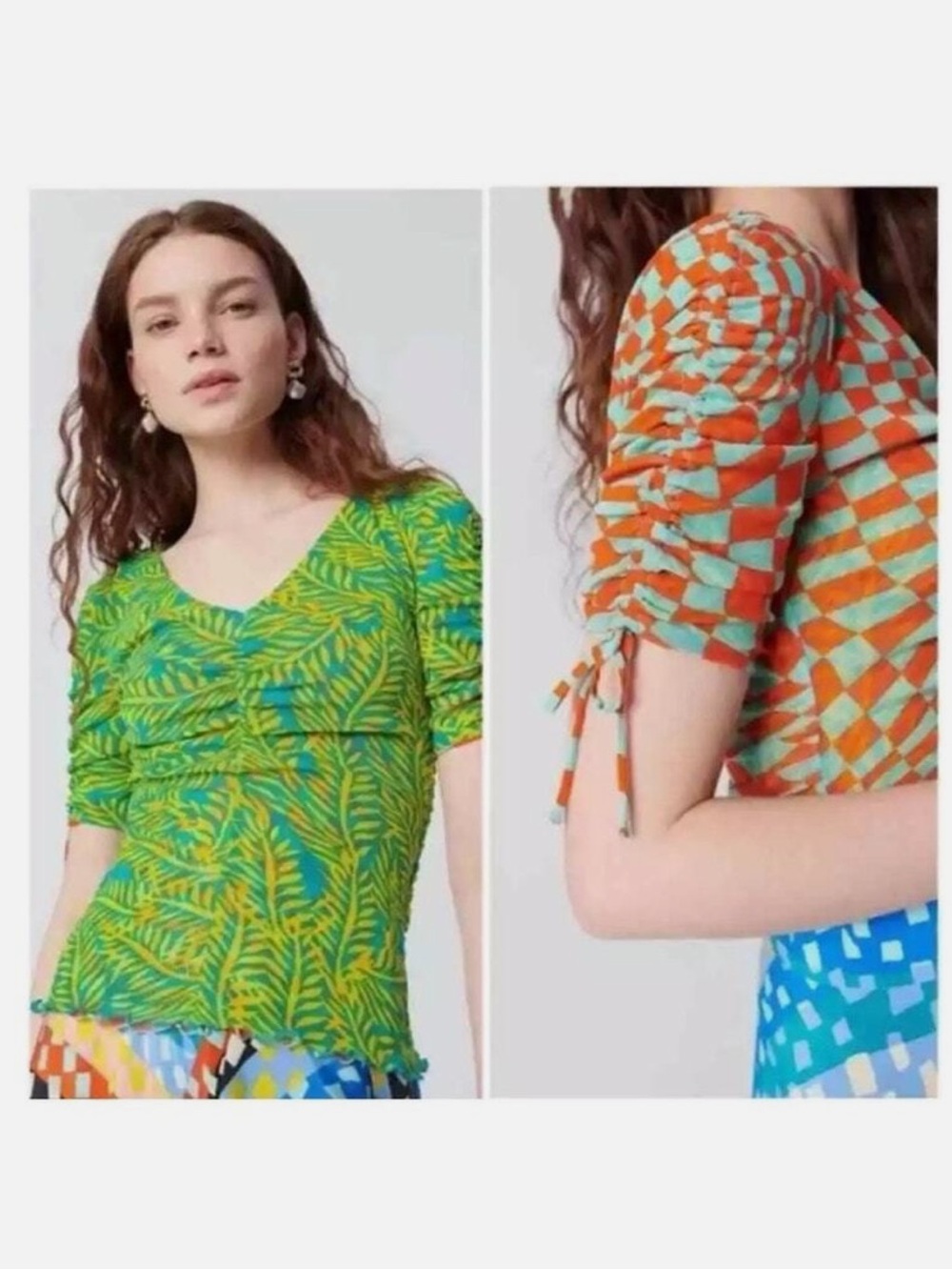 NWT Diane Von Furstenberg Abriella Reversible Mesh Stretch Top Blue Orange Green